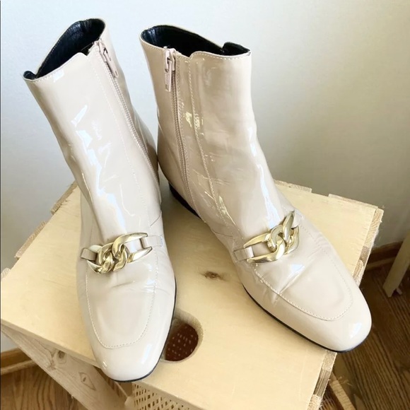 Free People Ankle Leather Flat Heel Booties Nude Boots Gold Chain Shoe Zipper - Picture 2 of 11